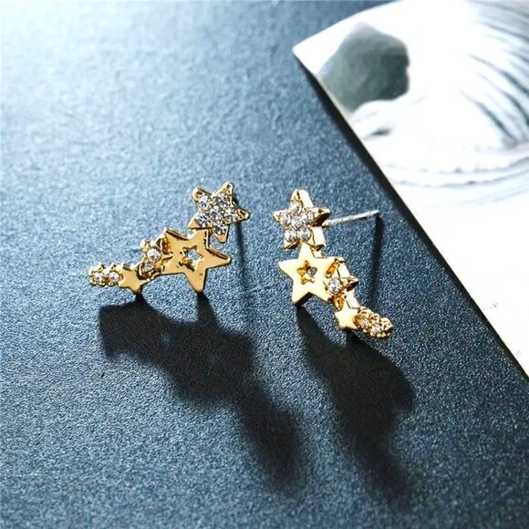Earrings Stars Rhinestone Simple Trendy Gold Lobe Retro Y2K Glam Shooting - Picture 3 of 4